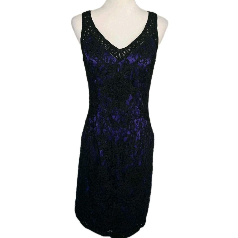 Sue Wong Nocturne Evening Black Lace Purple Sleeveless Sheath Formal Dress Sz 6